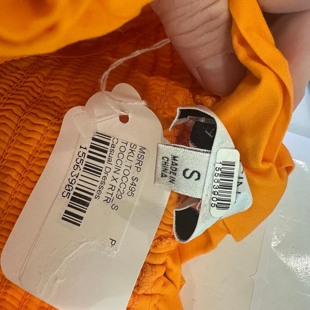 Toccin Orange Midi Dress SMALL Smocked Cottage Ruffle Cotton Designer $500 - Picture 11 of 11